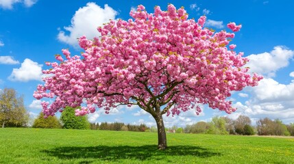 Naklejka premium A sakura tree blooms, with white flowers in spring. Blue skies and fresh green meadows.