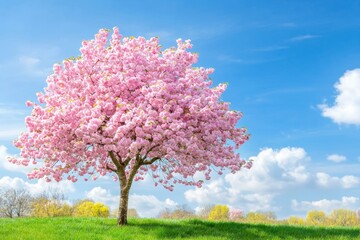A cherry tree blooms in spring. A tree on the horizon. A landscape, scenery, or countryside in spring with green grass.
