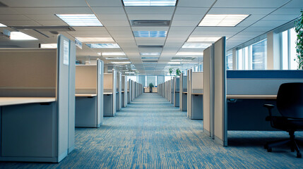 A vast, unoccupied office floor with cubicle dividers and sleek workstations
