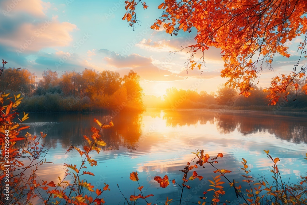 Poster the sunset casts brilliant hues across the sky, illuminating the calm waters below and adding warm c