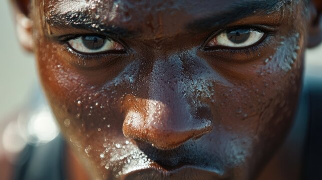 Close-up of a runner determined face with high detail on expressions and sweat during a race