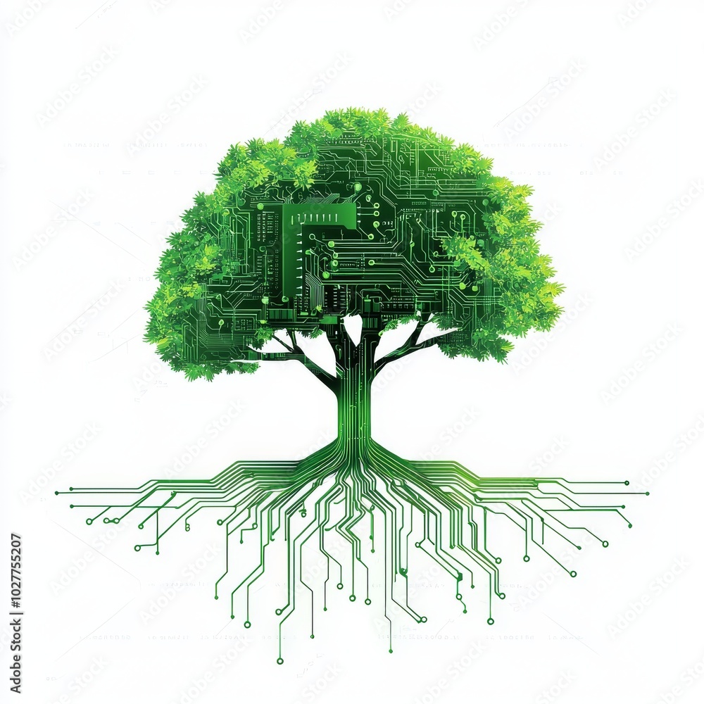 Poster the circuit tree silhouette. computer engineering hardware system background. modern illustration.