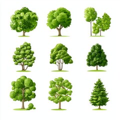 Fototapeta premium The green tree florets in a variety of forms on the white background. Trees for decorating gardens and home designs. Modern illustration.