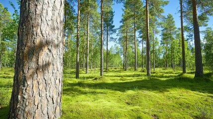 Obraz premium This is a lovely Latvian forest landscape in autumn color. It has wonderful sea side pine tree forests with fresh and soft moss beneath it.
