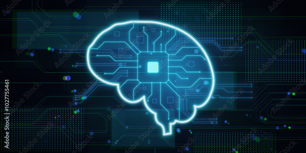 Aufkleber Abstract glowing blue circuit digital brain hologram on blurry background. Artificial intelligence and innovation concept. 3D Rendering.