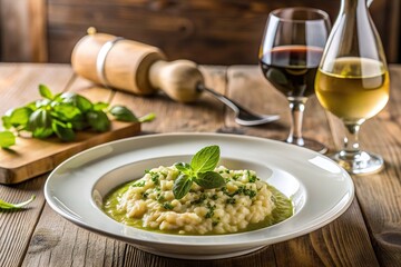 pesto sauce, dining experience, restaurant meal, luxury, A beautifully plated dish of creamy Italian risotto with pesto sauce elegantly served with a bottle of high quality sauvignon