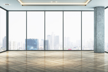 Modern spacious interior with wooden flooring, panoramic windows with city view and daylight. 3D Rendering.