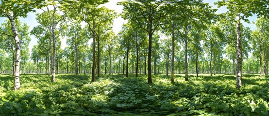 Green forest of deciduous trees with the sun's rays shining through the foliage