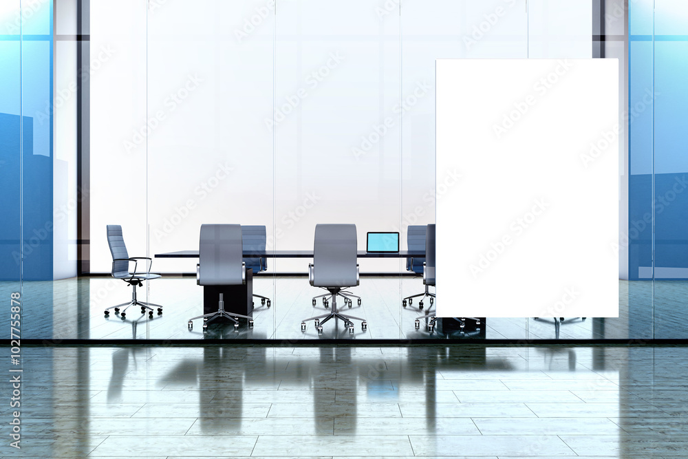 Poster modern meeting room interior with panoramic windows, city view and empty white mock up banner. 3d re