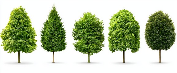 A collection of beautiful 3D trees isolated on white background, suitable for architectural design or garden decoration.