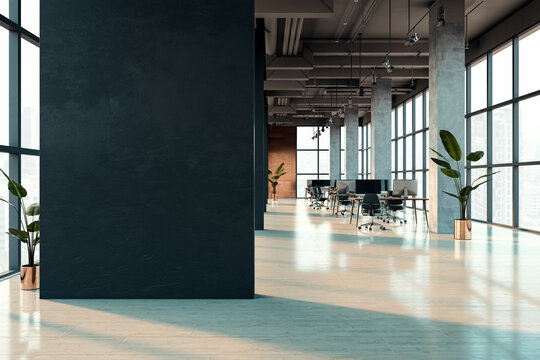 Modern office interior with furniture, panoramic windows with city view, empty mock up place on black wall. 3D Rendering.