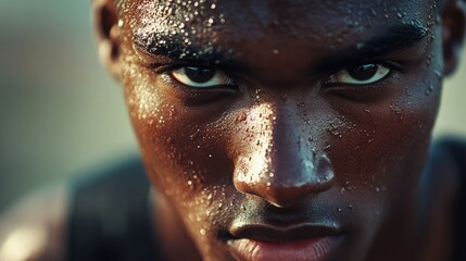 Close-up of a runner's intense gaze and focused demeanor, with high detail on sweat and athletic wear