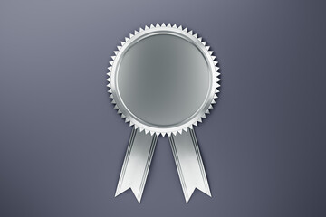 Creative silver award with ribbon on gray background. Mock up place. 3D Rendering.