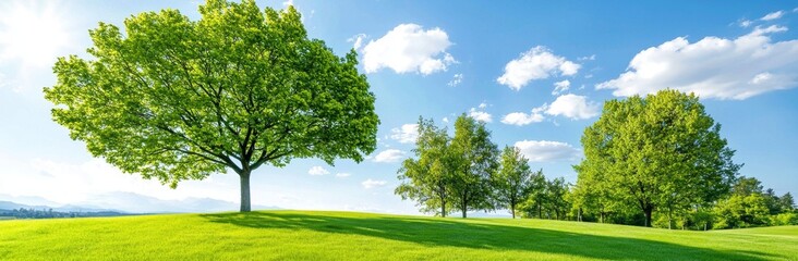 Fototapeta premium During the summer, a green meadow with trees and the sky can be seen in the park