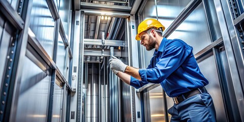 A skilled lift machinist inspecting and repairing an elevator situated symmetrically in a lift shaft, electrical, inspection, safety, controls, maintenance, technology, repairman