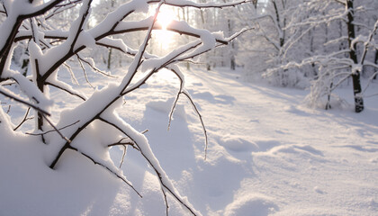 Sunlit Winter Wonderland: Snow-Covered Forest Path