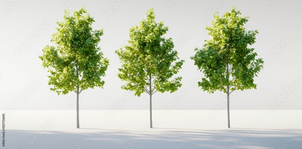 Aufkleber for use in architectural visualization, this collection of 3d green trees is isolated on a white bac