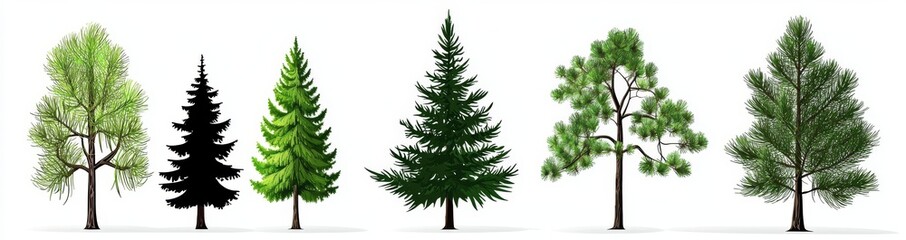 Fototapeta premium Wild nature trees templates, black shapes of evergreen forest firs and spruces. Modern illustration of woodland trees on white.