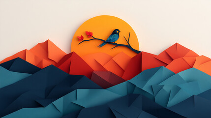 Papercraft mountains with a bird and sun behind.