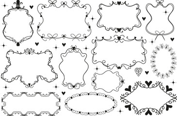 Cute coquette Vintage hand drawn victorian frames set with hearts and floral elements. Luxury wedding frames borders, Baroque ornament. Vector illustration.