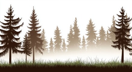 Obraz premium Coniferous spruce horizontal background pattern with black leaves in evergreen woods illustration. This is a beautiful hand drawn drawing of a coniferous forest panorama.