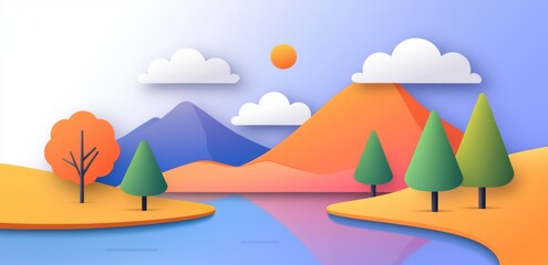 Beautiful sunrise over a picturesque landscape of mountains and meadows.