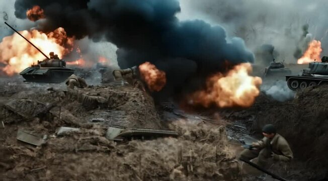 Historical recreation of the second world war. Intense battle unfolds in war-torn landscape with soldiers in trenches and tanks amidst explosions