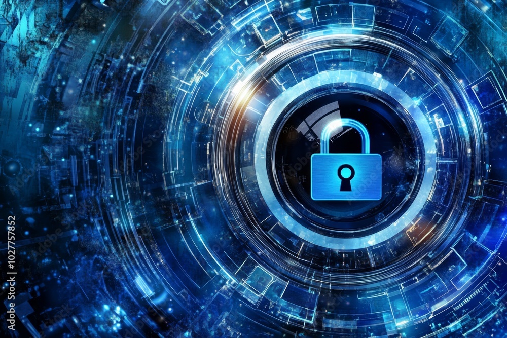 Poster cyber security concept showing digital padlock protecting information data