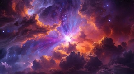 A vibrant cosmic scene featuring swirling clouds of purple, pink, and orange hues against a dark starry background.
