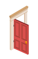 Isometric door open. Red doorway with doorknob. Facade and exterior, exit. Wooden entrance to home or office. Social media cover. Volumetric vector illustration