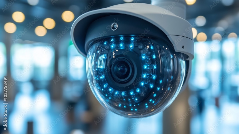 Poster security camera is recording at modern office with bokeh background