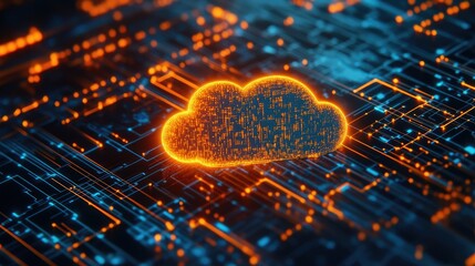 Cutting-edge design featuring a stylized cloud logo and a network of intricate digital connections