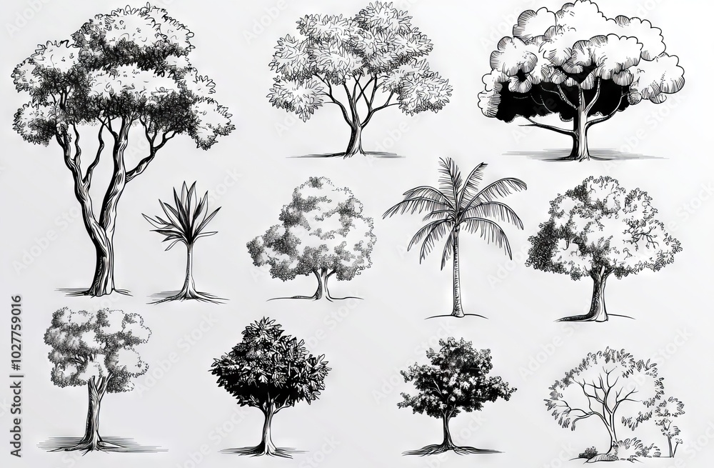 Aufkleber cad tree line in minimalist style, side view, set of graphics trees elements outline symbol for arch