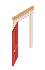 Isometric door open. Red doorway with doorknob. Facade and exterior, exit. Graphic element for website. Inside living room. Volumetric vector illustration