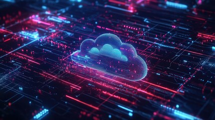 Fototapeta premium Cutting-edge digital network with a central cloud logo, highlighting seamless data flow and advanced technology
