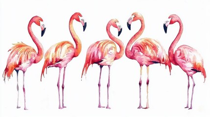Naklejka premium A vibrant illustration of five elegant flamingos standing gracefully in a row, showcasing their stunning pink feathers and long legs.