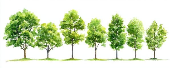 Tree side view in watercolor isolated on white background for landscape and architecture drawings, design elements for environment and gardens, botanical painting for sections