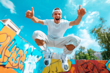 Joyful young man jumping in front of colorful graffiti wall on a sunny day in the park