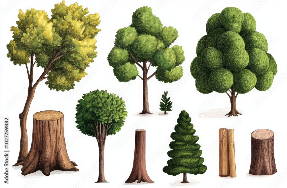 Aufkleber tree line with minimal style, side view, various tree elements outline symbol for architecture and l