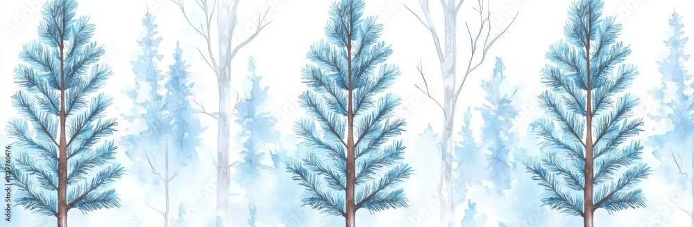Poster an isolated white background with a subtle pattern of foggy spruce forest. trees isolated on a white