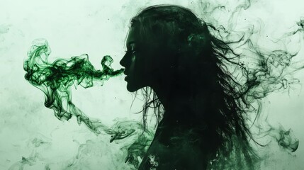 Fototapeta premium Ashtray shown in black and white ink spread heavily with green jump against white stark background. Smoke forms the shape of a long haired woman. Full back tattoo with multicolored ink.