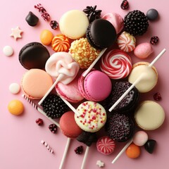 Fototapeta premium Colorful Macarons and Swirl Lollipops Arrangement