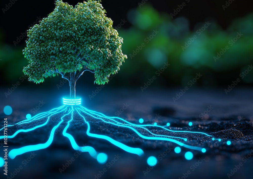 Poster with ai generative illustration, a green tree grows from a network of information and data