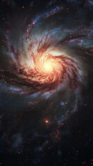 Majestic spiral galaxy illustration, vibrant colors and cosmic energy against a dark background