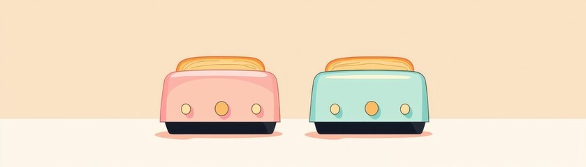 Colorful toasters in pink and blue designs, perfect for a retro kitchen decor. Ideal for food or kitchen themed projects.