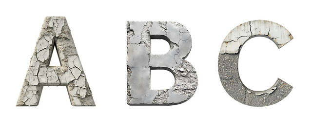 Letters Collection 3D typography letters cement texture  A, B, C. Illustration.on transparent, white background, isolate PNG