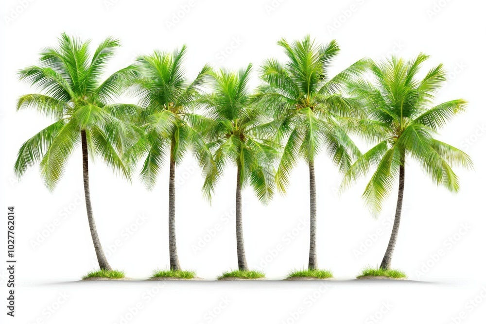Poster a palm tree with coconuts growing in the summer, making the trunk big. a collection of palm trees on