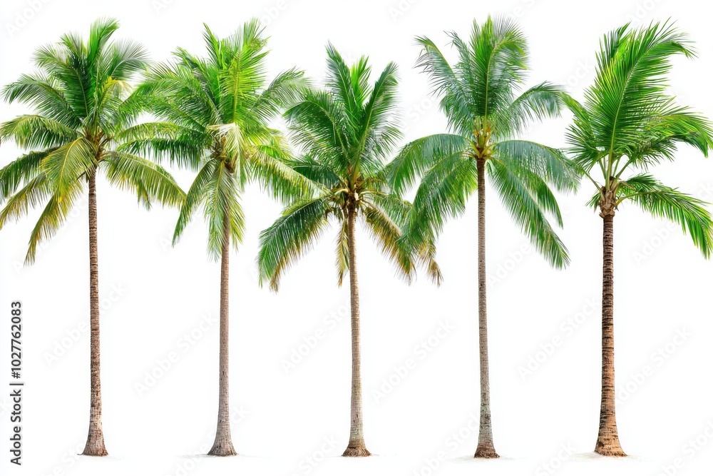 Poster an isolated coconut and palm tree on a white background. a large palm tree grows in summer, making t