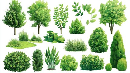 An isolated watercolor with a green tree side view for landscape and architecture drawing, elements for environment and garden, botanical paintings for sections and elevations