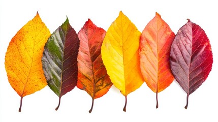 A row of seven autumn leaves in various shades of yellow, orange, red, and purple, arranged in a row on a white background.